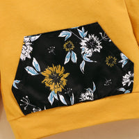 Girls' Solid Color Long Sleeve Hooded Top And Floral Trousers Two Piece Set