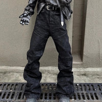 American-style Raw-edge Slim-fit Pleated Slightly Flared Denim Jeans