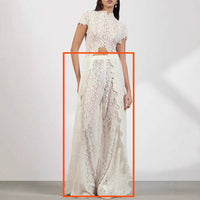 Womens Lace Solid Color Hollow-Out Crew Neck Fashionable Top And Pants Set