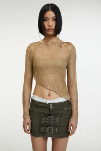 Crew Neck Personality Irregular Sexy Midriff Outfit Sheer Long Sleeve Knitwear
