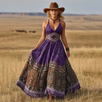 Fashionable Womens Sexy V-Neck Printed Bohemian Dress
