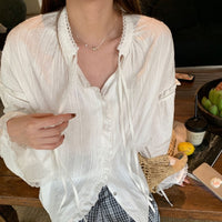 Womens Cotton Lace-Patchwork Ruffle-Trimmed Jacquard Shirt