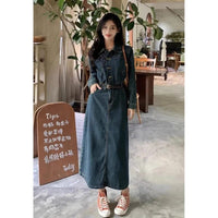 Womens Fashionable Retro Waist-Cinching Long-Sleeve Dress