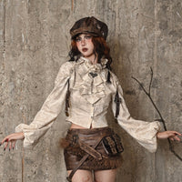 Steampunk Cotton Linen European Style Distressed Stand Collar Ruffle Shirt