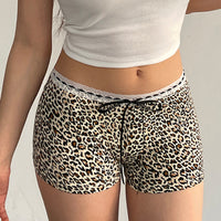 European And American Leopard Print Lace Stitching Lace Casual Shorts Low Waist Lace-up Bow Slim Fit