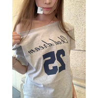 Off-Shoulder Letter Print Streetwear Gray Short-Sleeve T-Shirt