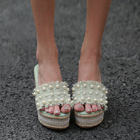 Hemp Rope Rhinestone Sponge Cake One-line Slippers For Women