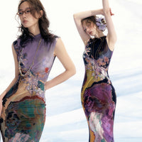 Two-Way Color-Block Printed Cheongsam Dress