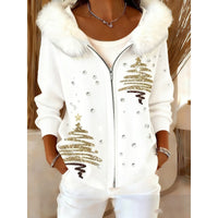 Stylish 3D Digital-Print Womens Cardigan With Faux Fur Hoodie