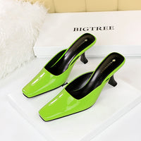 Simple High-heeled Square-toe Shallow-mouth Glossy Patent Leather Slippers