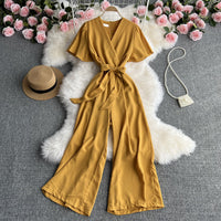 Retro Fashionable Temperament V-neck Short-sleeved Waist Jumpsuit