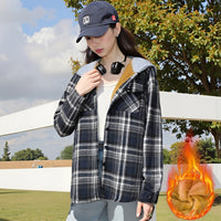Casual And Loose Hooded Plaid Shirt Top For Women