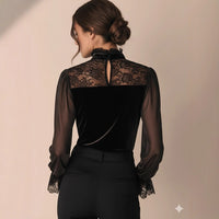 Retro Sophisticated And Subtly Alluring Lace-and-velvet Patchwork Bodycon Top