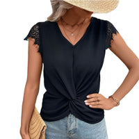 Womens Top Knotted Short-Sleeve T-Shirt V-Neck Lace Paneling