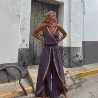 Gold Ribbon Trim Waist Trimming Loose Suspender Jumpsuit