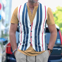 Retro False Two-piece Patchwork Shirt Summer Design Casual V-neck Cardigan