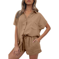 Casual Fashion Cotton And Linen Shirt And Shorts Set Womens Clothing