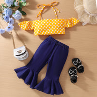 Girls' Yellow With Polka Dots Suspender Flared Jeans Suit
