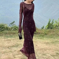 Womens Purple Mesh Flared-Sleeve Floral Slip Dress