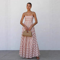 New Striped Printed High-Waisted Flared Resort Sundress With Straps