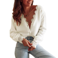 Lace Stitching V-neck Knitted Cardigan Fashion Elegant Loose Top For Women
