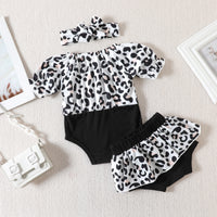 Girls' Leopard Print Color Matching Jumpsuit Dress And Pants Headband