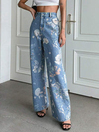 Women's American-style Vintage Blue Floral Print Jeans