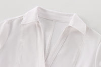 White V-neck Roll-up Sleeve Linen Blend Shirt