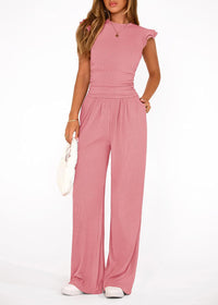 Womens Solid-Colored Summer Two-Piece Set Ruffled Hem Wide-Leg Pants Casual Fashion Outfit