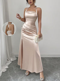 Neck-hanging Backless High-waisted Silk Slip Dress With A Slit And No Sleeves