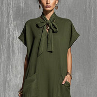 Military-green Cotton-linen Blend Tie-waist Short-sleeve Maxi Dress