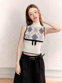 Diamond Plaid Half Collar Top Sleeveless Knitted Vest