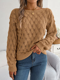 Women Casual Feather Hollow Out Off-Shoulder Lantern Sleeve Sweater