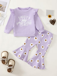 Baby Girl Cute Long Sleeve Sunken Stripe Top Flower Print Trousers Two-piece Set