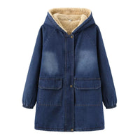 Winter New Womens Fleece-Lined Mid-Length Denim Padded Jacket Coats