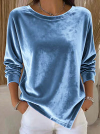 Womens Round-Neck Velvet Solid-Color Long-Sleeve Blouse