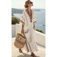Beach Vacation Long Striped Embroidered Dress