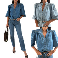 New Arrival Fashionabl Casual Retro Denim Shirt With Puffed Sleeves And V-Neck