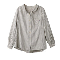 Retro Cotton Linen Long Sleeve Blouse Striped Brushed Original Art