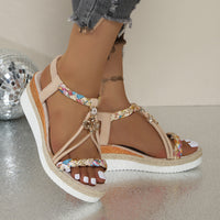 Round Toe Flat Bottom Wedge Sandals For Women Woven Beads