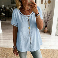 Women's Spring Summer Comfortable Casual Patchwork Hollowed-Out Trim Top T-Shirt