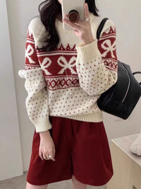 Women's Korean-style Vintage Jacquard Round Neck Sweater With Bow