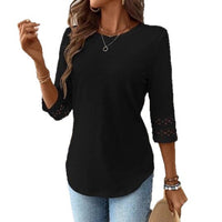 Womens Casual T-Shirt With A Crew Neck Patchwork Lace And Three-Quarter Sleeves