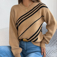 Women's Casual Striped Round Neck Lantern Long Sleeve Pullover Sweater