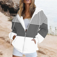 Striped Printed Pocket Long Sleeve Loose Hooded Sweater Zipper Jacket