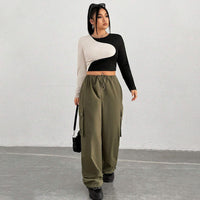 Slim Fit Midriff-baring Slimming Patchwork Round Neck Long Sleeve