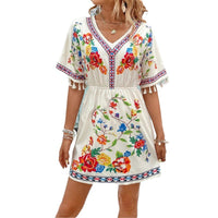 Bohemian Retro Ethnic Print Temperament Waist-controlled Slimming And Short Holiday Dress