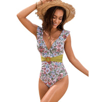 Back Lace Ruffled Belt One-piece Swimsuit