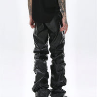 Black Pleated Casual Leather Pants