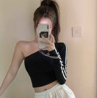 Solid Color Short Top Women's Off-shoulder Long Sleeve Casual T-shirt
